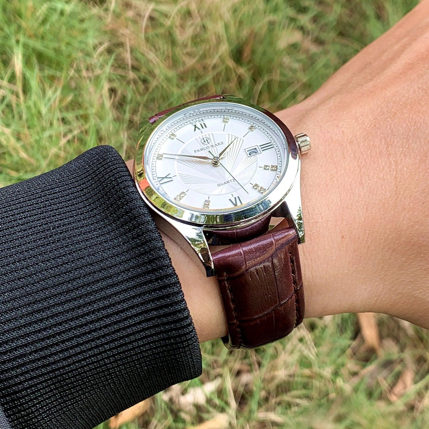 PABLO RAEZ Brand New Fashion Casual Man Watch Auto Date Luxury Business Wristwatch High Quality Brown Leather Popular Male Clock