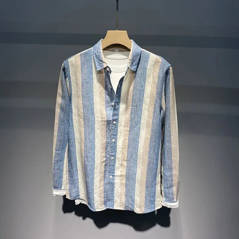 Autumn Striped Contrast Color Long Sleeve Shirt Men Breathable Loose Casual Retro Linen Shirt