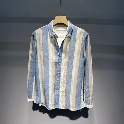 Autumn Striped Contrast Color Long Sleeve Shirt Men Breathable Loose Casual Retro Linen Shirt