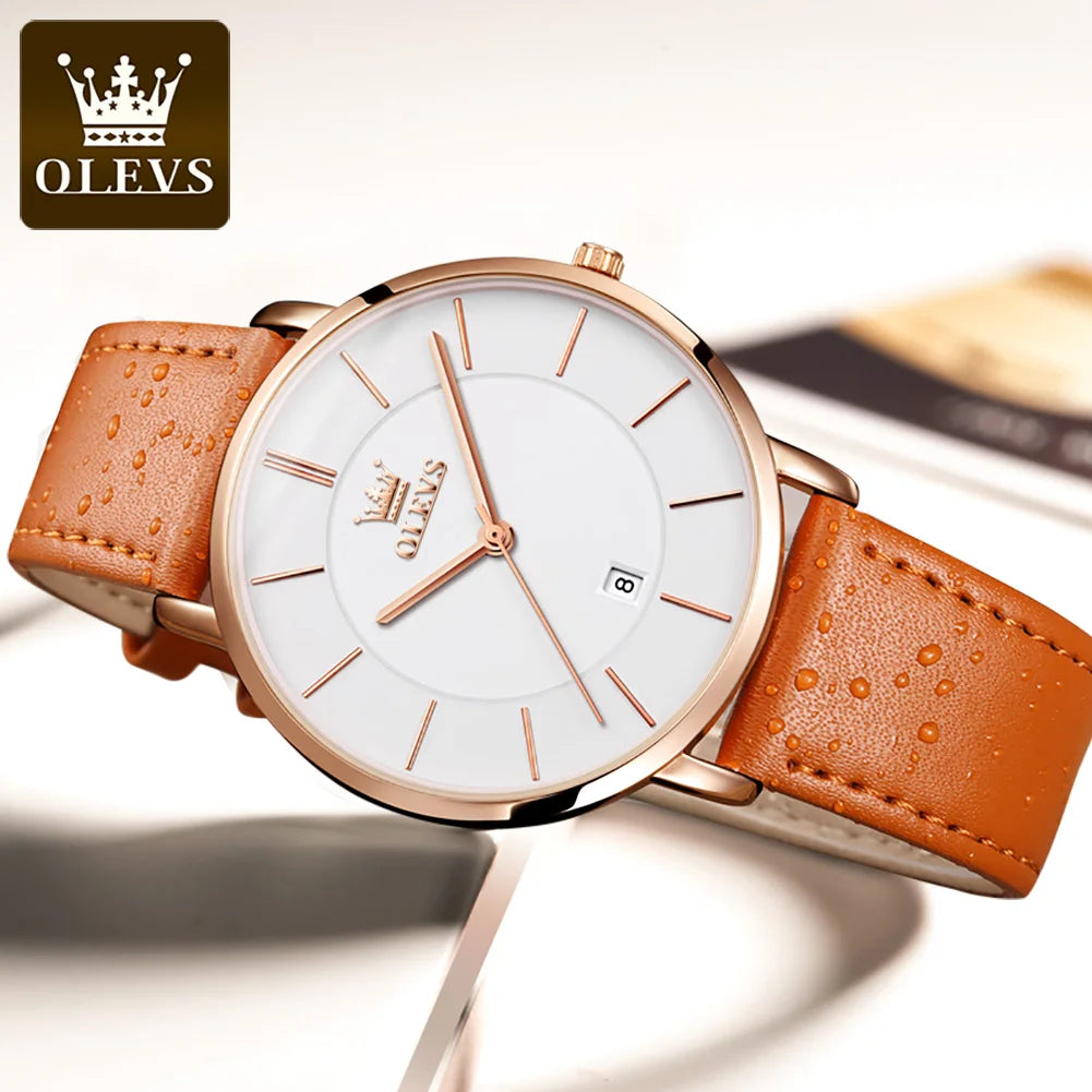 OLEVS 5869 Ultra Thin 6.5mm Quartz Watch for Men Fashion Leather Strap Simple Luxury Auto Date Clock Waterproof Men's Wristwatch