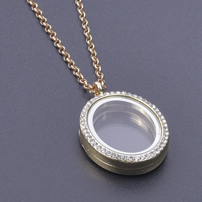 Glass Metal Gold Color Heart Round Water Drop Relicario Photo Locket Necklace Rhinestone Floating Charm O-shaped Chains Necklace