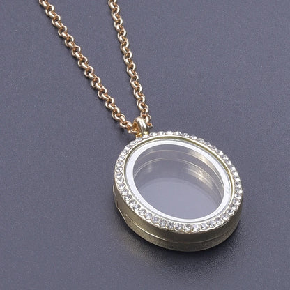 Glass Metal Gold Color Heart Round Water Drop Relicario Photo Locket Necklace Rhinestone Floating Charm O-shaped Chains Necklace