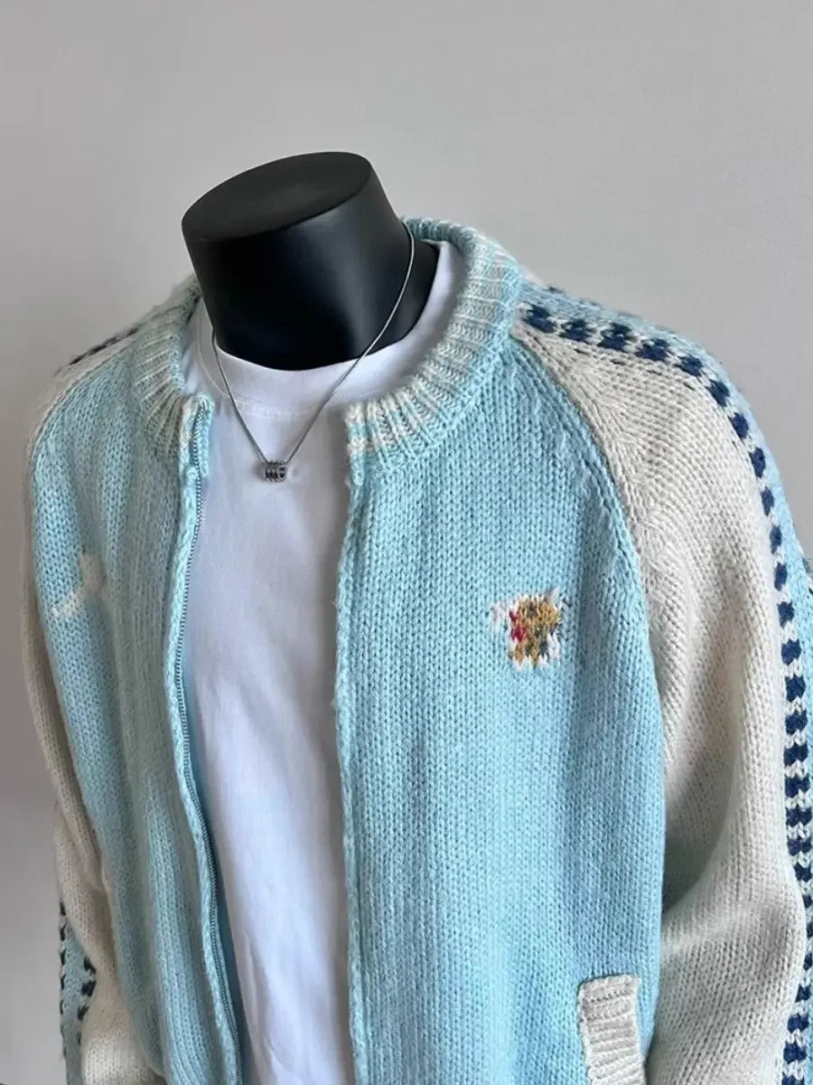 Retro Contrast Color Splicing Cardigan Couple Sweater Street Casual Loose Sports Y2K Top American Trendy Jacket Knitted Sweater