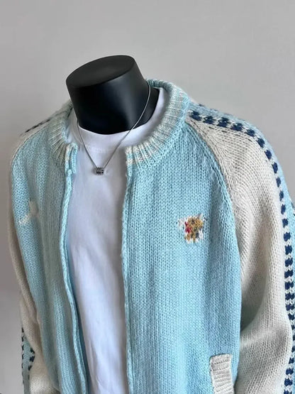 Retro Contrast Color Splicing Cardigan Couple Sweater Street Casual Loose Sports Y2K Top American Trendy Jacket Knitted Sweater