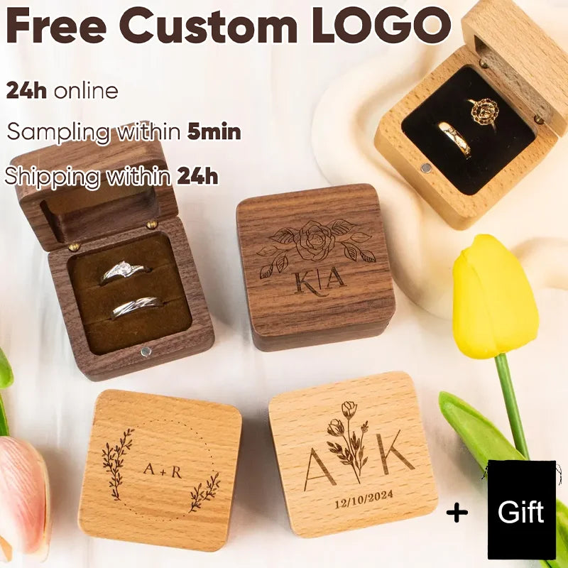 Square Double Ring Box Free Custom Engraved Wooden Ring Box for Wedding Ceremony Proposal or Engagement Ring Box Anniversar Gift
