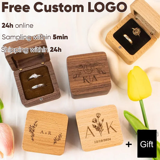 Square Double Ring Box Free Custom Engraved Wooden Ring Box for Wedding Ceremony Proposal or Engagement Ring Box Anniversar Gift
