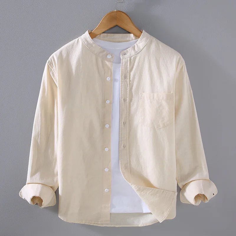 Japanese Mens Linen Cotton Thin Shirt Harajuku Stand Collar Long Sleeve Solid Color Shirts Male Casual Breathable Classical Tops