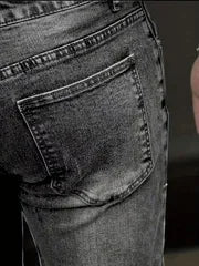 2025 New Men's Slim-Fit Snowflake Washed Jeans Four Seasons Stretch Denim Machine Washable Mid Stretch Casual Pants