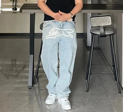 High Quality American Trendy Brand Jeans Icecream Running Dog Emboridery Wide Jeans Fashion Streetwear Denim Jeans Men