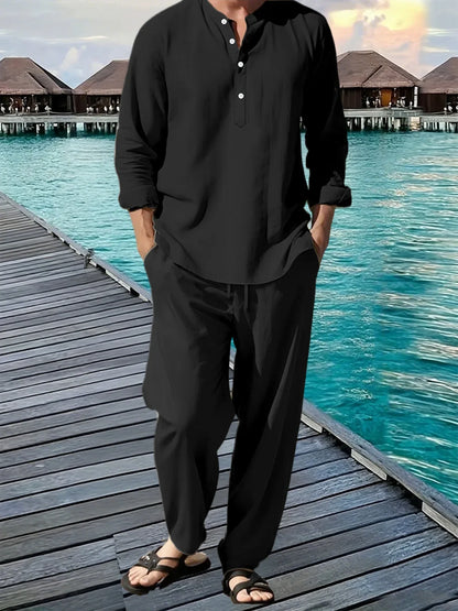 Men's Shirt Pants Suit Summer Breathable Beach Hawaiian Vacation Casual Long Sleeves Set Solid Color Loose Jogging Trousers