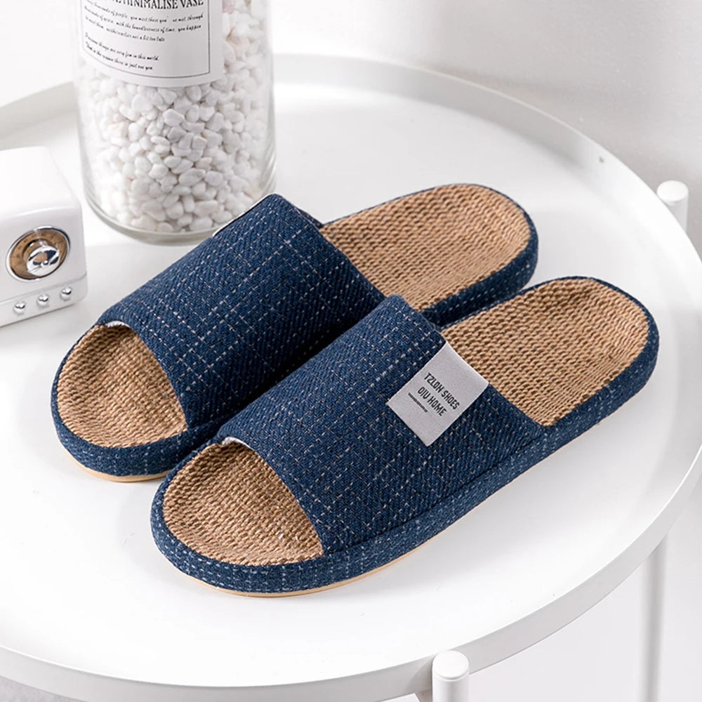 BASATU Men's Linen Slippers Breathable Open-Toe Non-Slip House Shoes Home Slippers Soft Sole Silent Shoes Cotton Linen Slippers