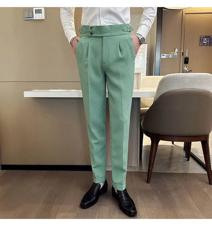 Top Brand Men Fashion Pantalones Hombre High Waist Waffle Business Casual Suit Pants Male Clothing Slim Fit Formal Wear Trousers