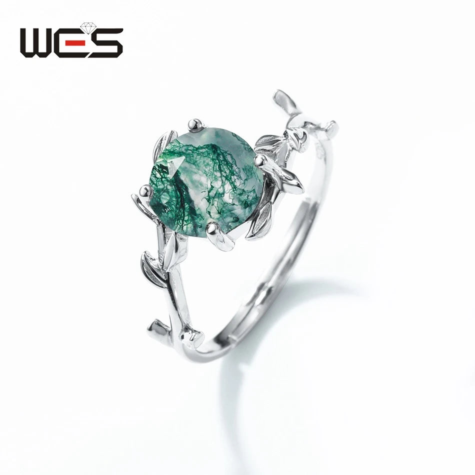 WES 925 Silver Unique Olive Branch Natural Gem 8*8mm Moss Agate Adjustable Ring Sets For Women Wedding Gifts Wholesale Jewelry