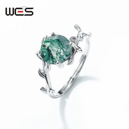 WES 925 Silver Unique Olive Branch Natural Gem 8*8mm Moss Agate Adjustable Ring Sets For Women Wedding Gifts Wholesale Jewelry