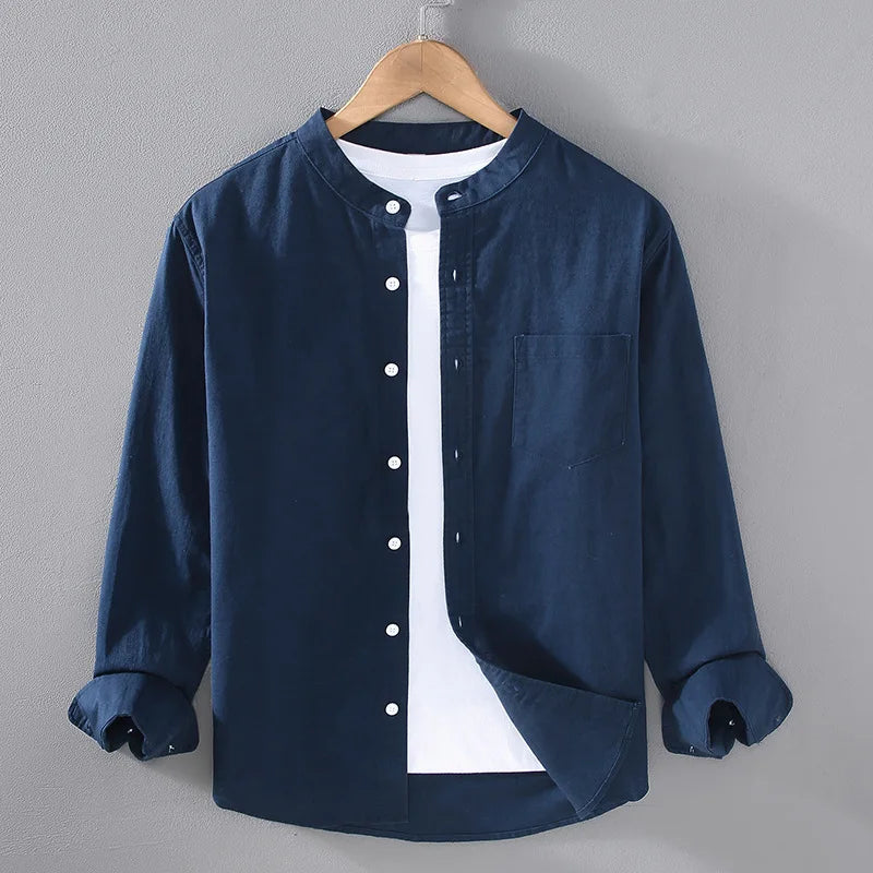 Japanese Mens Linen Cotton Thin Shirt Harajuku Stand Collar Long Sleeve Solid Color Shirts Male Casual Breathable Classical Tops