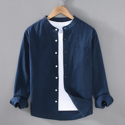 Japanese Mens Linen Cotton Thin Shirt Harajuku Stand Collar Long Sleeve Solid Color Shirts Male Casual Breathable Classical Tops