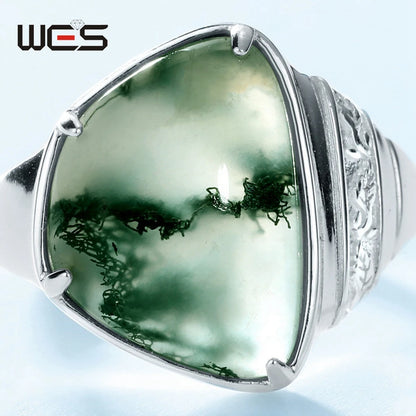 WES 925 Sterling Silver Moss Agate Rings for Woman Gemstone 10.5*15mm Certified Jewelry Wedding Gifts Anniversary Valentine Band