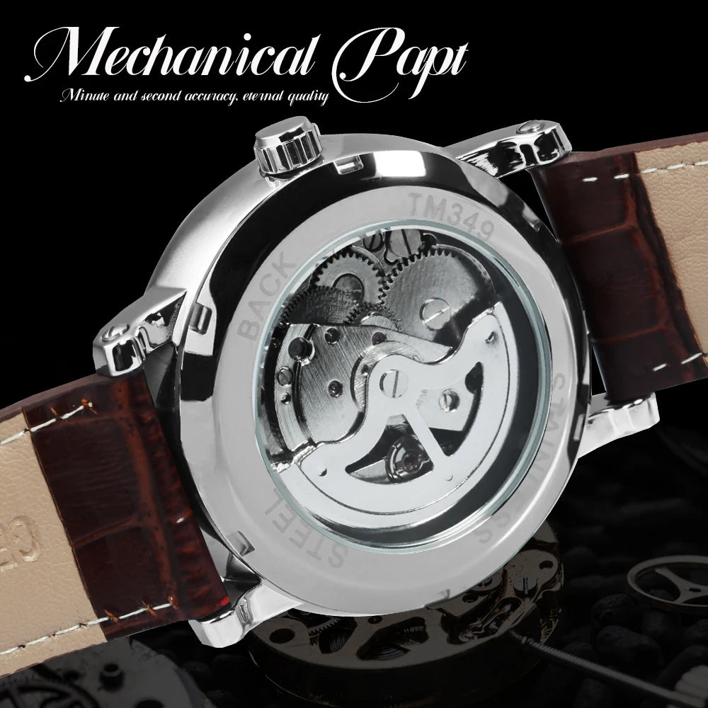 WINNER Automatic Watches Men Brand Luxury Simple Mechanical White Dial Leather Strap Calendar Clock Minimalist Wristwatches