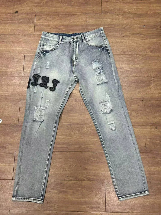 Mens Fashion Embroidery Casual Straight Hole Buckle Zipper Denim Long Pants Trousers Fashion Street Style Ripped Skinny Jeans