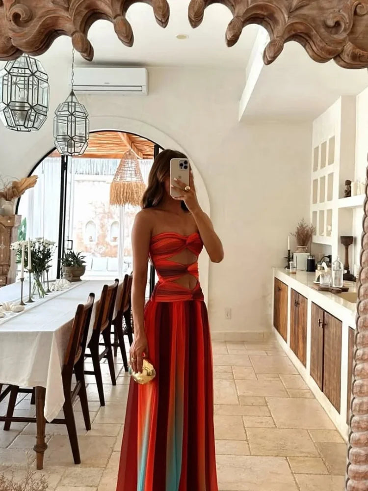 Sexy Printed Gradient Strapless Cut Out Dress Women's Backless Off Shoulder A-line Robes Female Summer Holidays Beachwear 2025