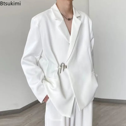 2025 Men's Korean Style Spring Casual Suit Jacekt Metal Buckle Male Loose  Male Solid Color Blazers Harajuku Long Sleeve Coats
