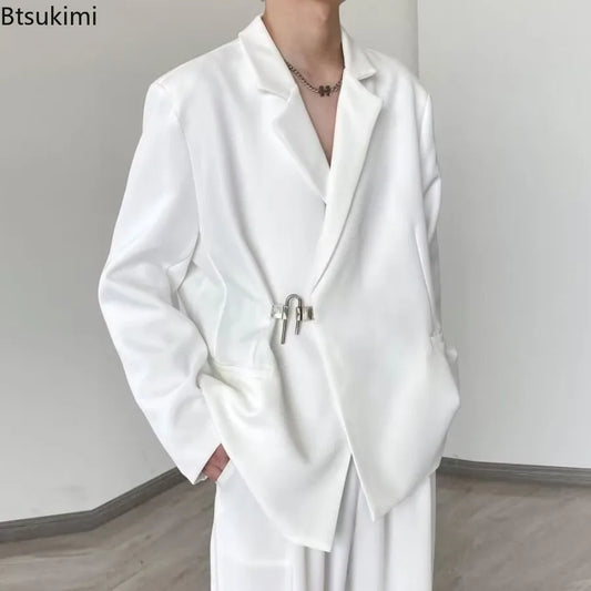 2025 Men's Korean Style Spring Casual Suit Jacekt Metal Buckle Male Loose  Male Solid Color Blazers Harajuku Long Sleeve Coats