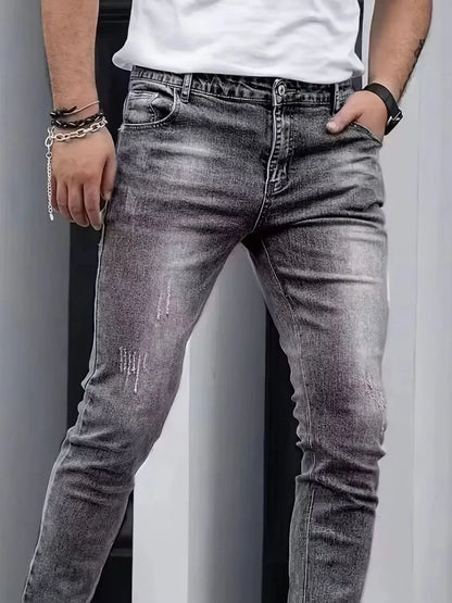 2025 New Men's Slim-Fit Snowflake Washed Jeans Four Seasons Stretch Denim Machine Washable Mid Stretch Casual Pants