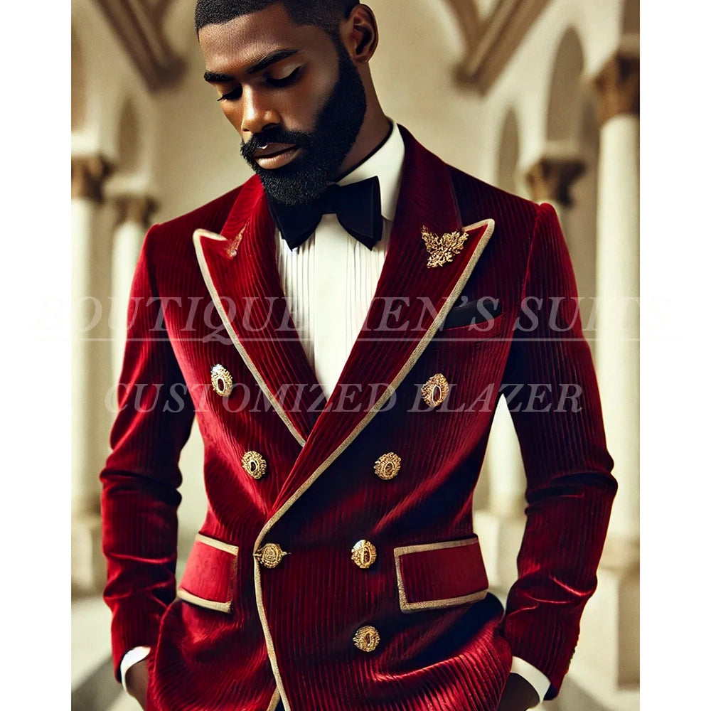 Luxury Red Corduroy Men's Suits Outfits Fashion Double Breasted Peak Lapel Blazer Elegant Wedding Male Clothing Terno Outfits
