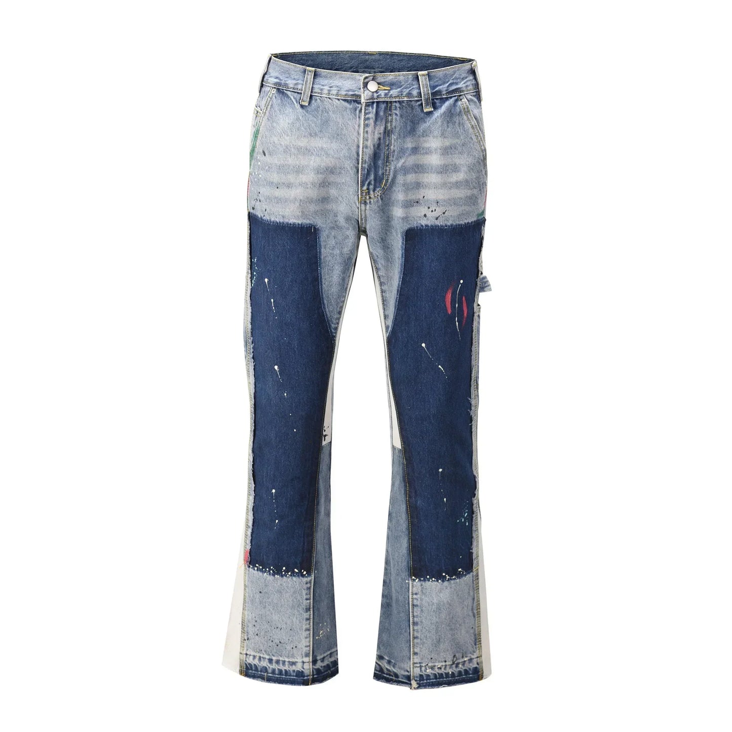 European and American high street men's washed jeans retro personalized straight-leg splicing flared pants trendy denim trousers