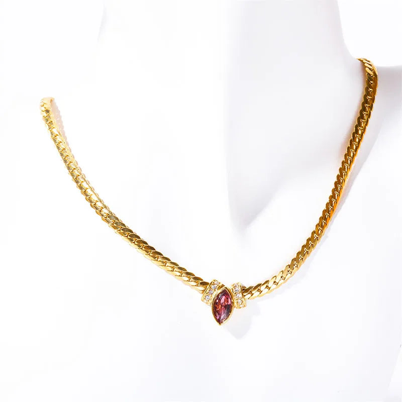 Colored Marquise eye stone necklaces stainless steel herringbone chain necklace for women minimalist dainty jewelry waterproof