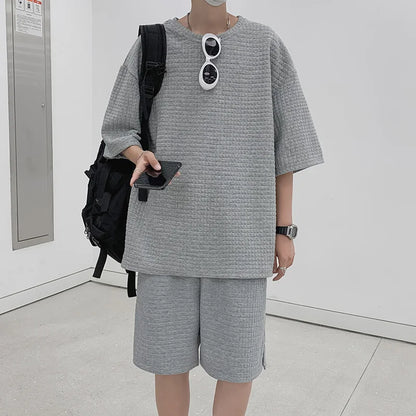 Ice Silk ort Sve Sportswear Set for Men Summer Casual Leisure Five-Quarter Pants Teenage Brand T-irt ort Pants Set