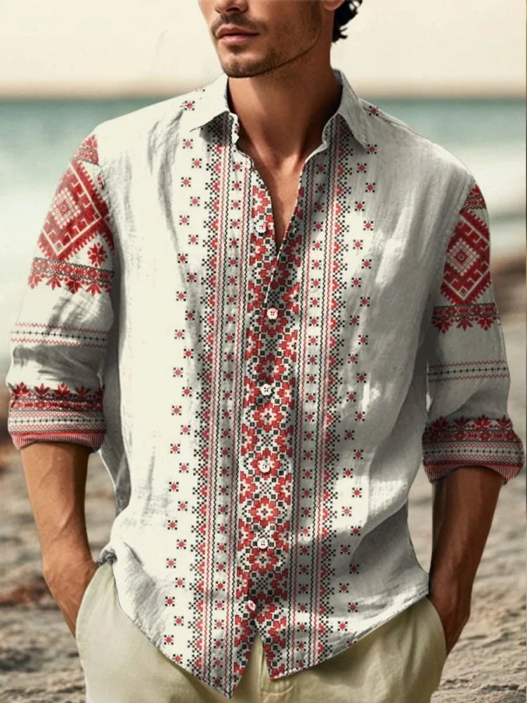 2025 Men's New Linen 3D Printed Long Sleeve Shirt Fashion Design Luxury Long Sleeve Shirt Four Seasons Lapel Button Shirt