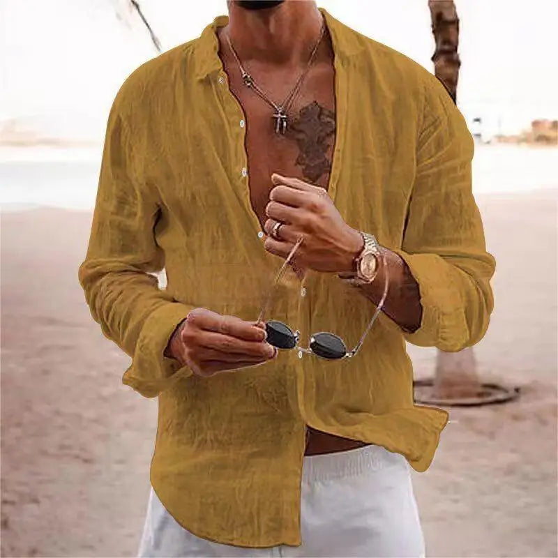 Cotton Linen New Men's Long Sleeve Shirt Solid Collar Casual Style