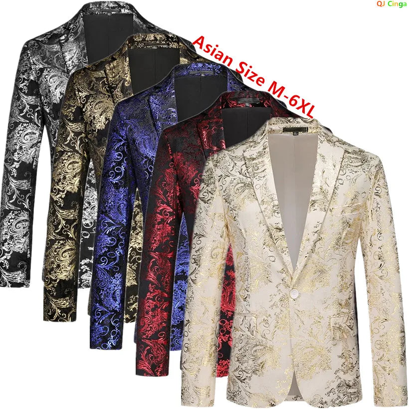 Beige Men's Long Sleeve Blazer,Gold Printed Party Suit Jacket,Asian Size M-6XL,Red Blue Silver Available Coats