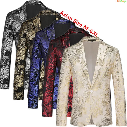 Beige Men's Long Sleeve Blazer,Gold Printed Party Suit Jacket,Asian Size M-6XL,Red Blue Silver Available Coats