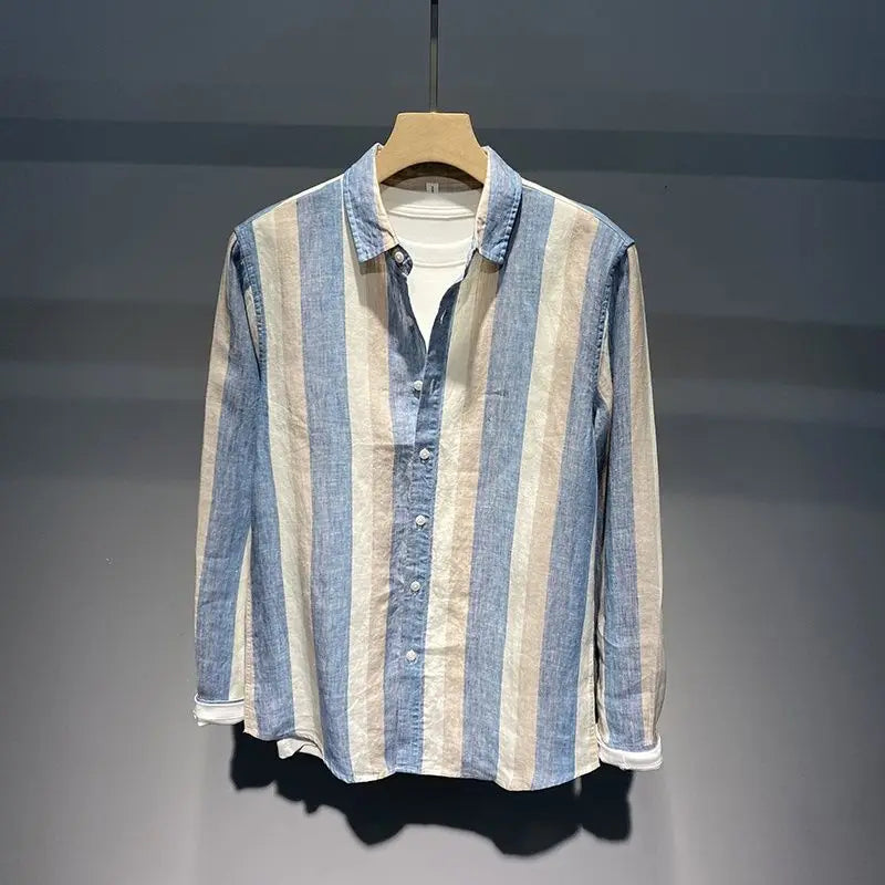 Autumn Striped Contrast Color Long Sleeve Shirt Men Breathable Loose Casual Retro Linen Shirt