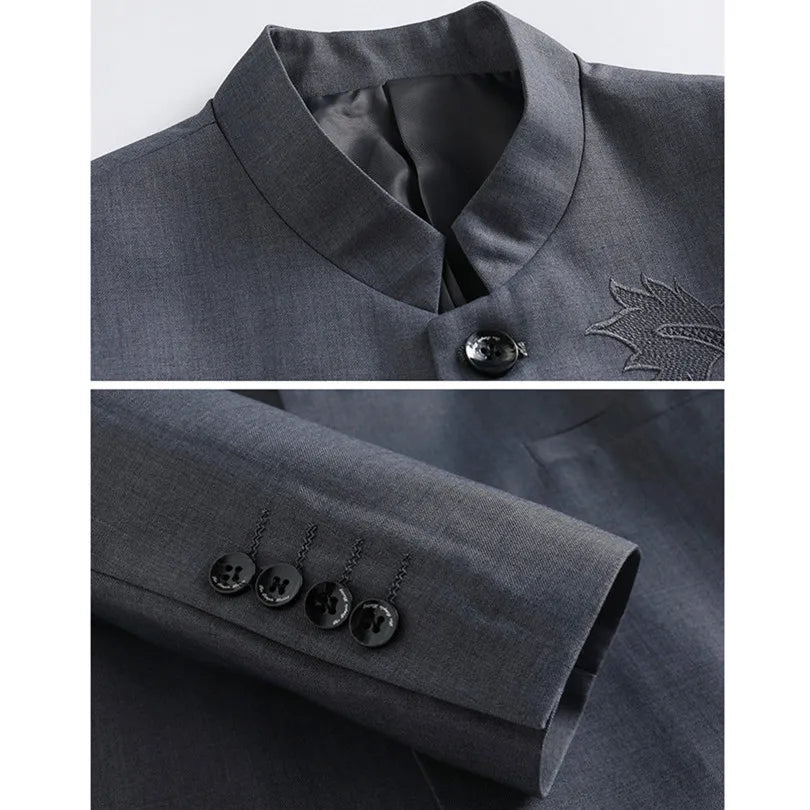 Elegant Black Chinese Dragon Embroidery Pattern Blazer for Men, Slim Fit Single-Breasted Gray Suit Jacket, Asian SizeM-6XL