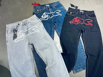 High Quality American Trendy Brand Jeans Icecream Running Dog Emboridery Wide Jeans Fashion Streetwear Denim Jeans Men