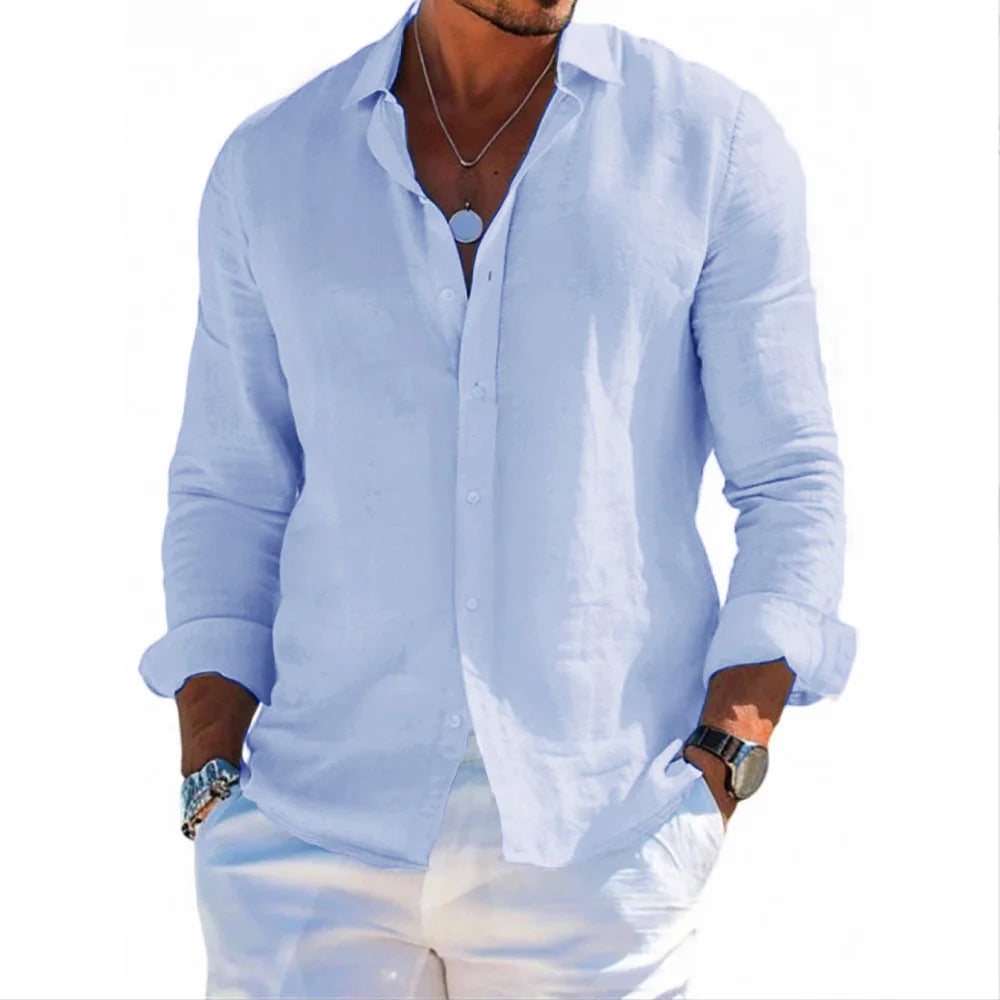 Men Beach Style Shirts Cotton Linen Casual Button Tops Lightweight Breathable Lapel Collar Vacation Hawaii Stylish Shirts