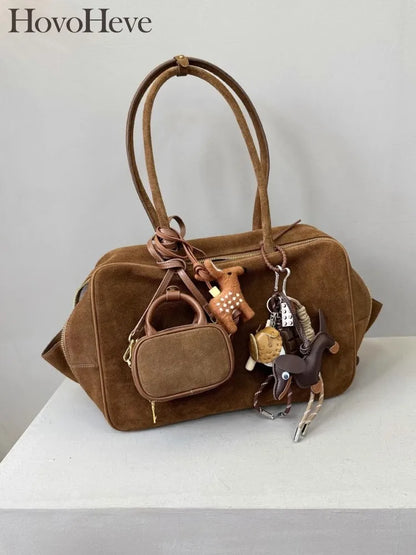 Autumn Winter Retro Suede Cowskin Tote Handbag Women Large Capacity Genuine Leather Armpit Bags Office Lady Single Shoulder Bag