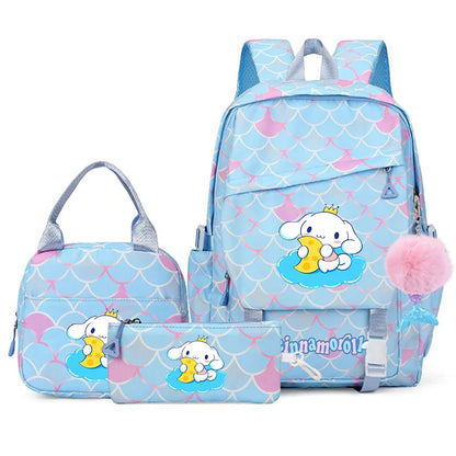 3Pcs Cinnamoroll Fish Scale Kid Backpack With Mermaid Pendant Lunch Girl School Bag Children Schoolbag For Teenage Girls