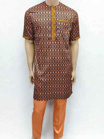 Islamic Moroccan Men's Modern Fashion Prayer Eid Robe Short Sleeve Round Neck Printing Embroidery Arabian Jubba Thobe Clothing