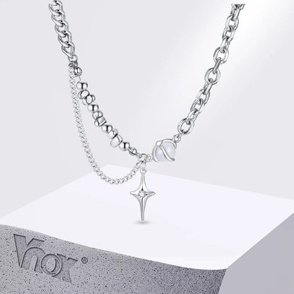 Vnox Unisex Moonstone Cross Necklaces, Four Pointed Star Pendant Necklaces, Men Women Stainless Steel Hip Hop Collar