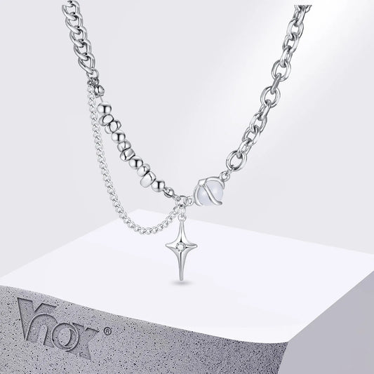 Vnox Unisex Moonstone Cross Necklaces, Four Pointed Star Pendant Necklaces, Men Women Stainless Steel Hip Hop Collar