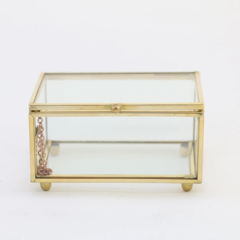 Retro Rectangle Transparent Golden Glass Ring Box Wedding Geometric Jewelry Organizer Home Decorative Box for Storage Trinket