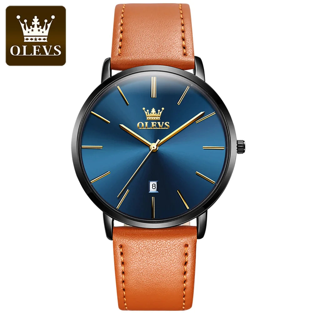 OLEVS 5869 Ultra Thin 6.5mm Quartz Watch for Men Fashion Leather Strap Simple Luxury Auto Date Clock Waterproof Men's Wristwatch