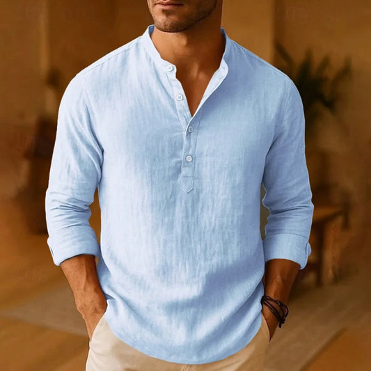 New Men Casual Shirts Lightweight Long Sleeve Henley Cotton Shirts for Beach Linen Shirts Hawaiian Breathable Collar Tops