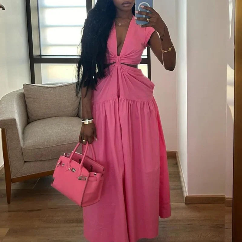 Simple Solid Color Hollow Waist Pleated Dress Elegant Lady Deep V-neck Loose Long Dress Summer Sleeveless Commuting A-line Dress