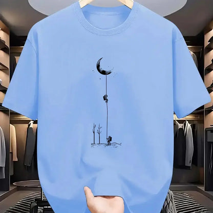 Summer Men's Casual Loose Accessories Plus Size Moon Landing Pattern Printed Round Neck Short Sleeve T-Shirt Top