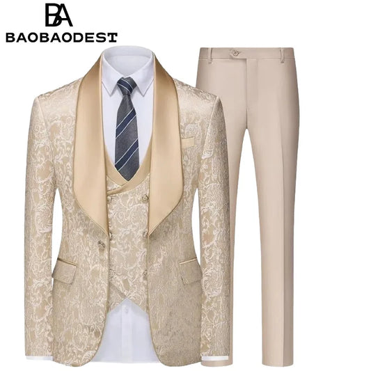 Men's 3-Piece Slim Fit Suit Set | Wedding & Prom Tuxedo (Blazer+Vest+Pants) for Formal Events & Groom Attire Breathable Lining